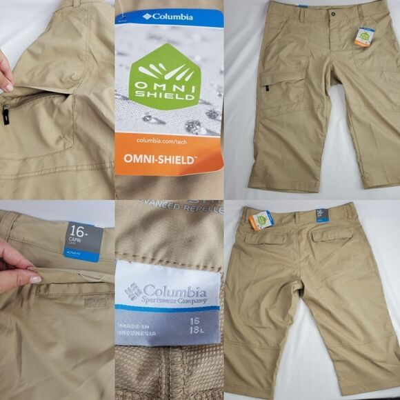 NEW 16 COLUMBIA TRAIL KHAKI CAPRI ANYTIME MULTI POCKETS OMNI SHIELD PANTS NWT - Picture 1 of 13